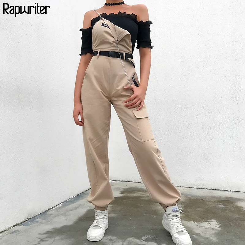 

Rapwriter Casual Chain Strap Patchwork Pockets Khaki Long Jumpsuit Women 2019 Autumn Stretch High Waist Cotton One Piece Rompers