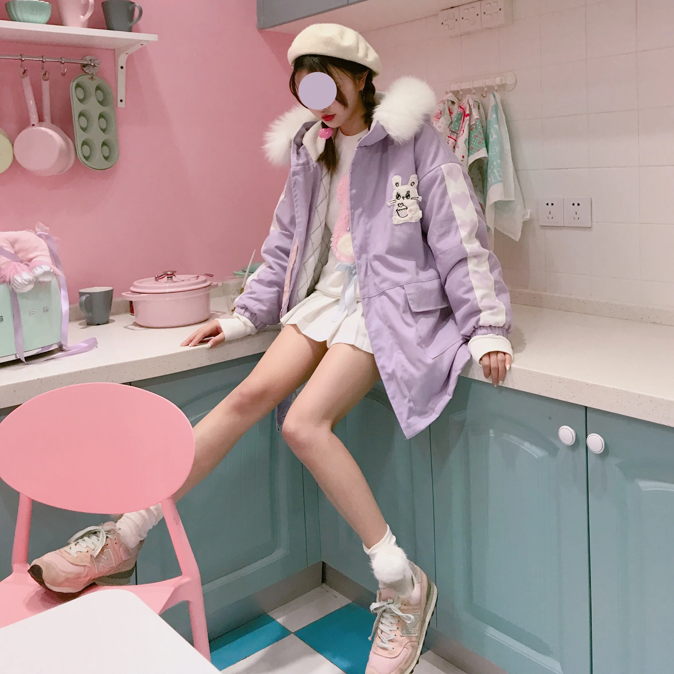 Kawaii кролик милый розовый& Lavendar милый Женская парка пальто зима теплая Лолита верхняя одежда с капюшоном куртка меховая отделка
