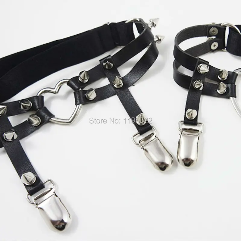 Wholesale Sexy Handmade Punk Rock Harajuku Leg Garter, Big Spiked Heart Adjustable Leather Garters, Double Studded Thigh Straps