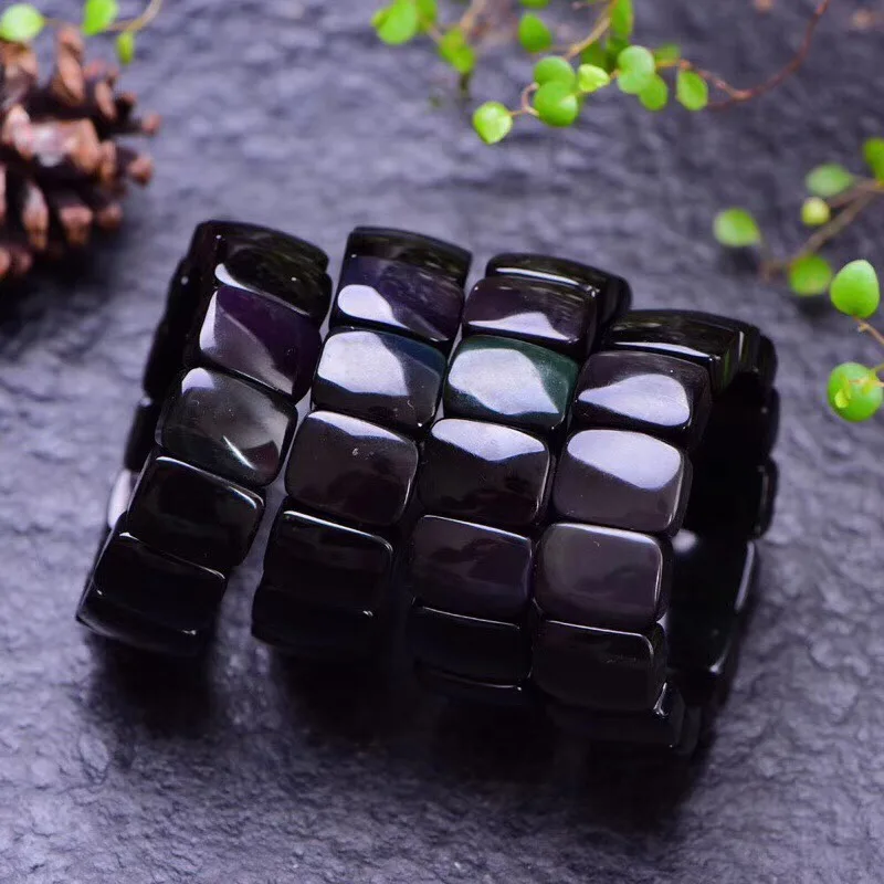 

Natural Black Obsidian Rainbow Flash Healing Rectangle Beads Woman Man Only One Bracelets Bangle 20x14x9mm AAAAA Drop Shipping