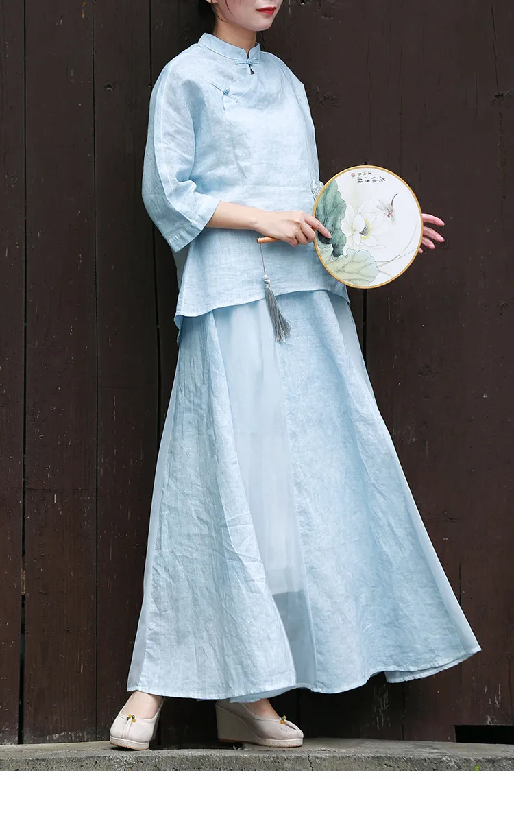 LZJN Original 2019 Ethnic Linen Skirt Elastic Waistband Long Women A-Line Pleated Skirts Beach Boho Vintage Summer Skirts Faldas (11)