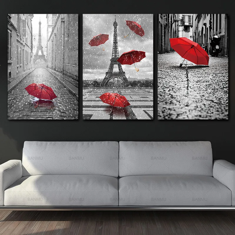 

BANMU Art Black and White Eiffel Tower with Red Unbrella on Paris Street Painting Romantic Picture Artwork Prints Canvas