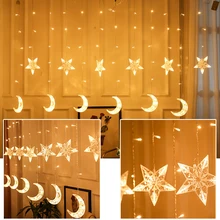 220V EU LED Star Moon Christmas Garlands String Fairy Lights Curtain Lights Outdoor For Xmas Party Garden Wedding Decorations 220v 138pcs led fairy string lights star curtain lights waterproof outdoor christmas decorations for home wedding garlands natal