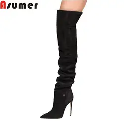 ASUMER/модные черные сапоги выше колена с острым носком из флока на тонком Обувь на высоком каблуке сапоги классические женские облегающие