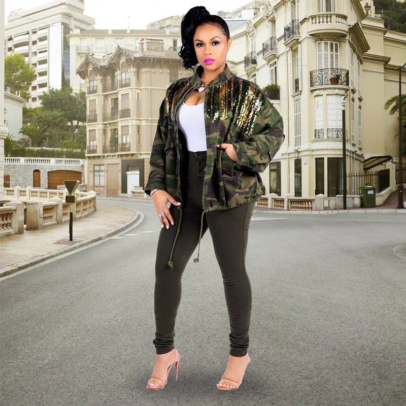 

Women's Green Camouflage Long Sleeve Coat with Sparkle Glam Striped Sequins Sequined Patchwork Zipper Loose Jacket Autumn Winter