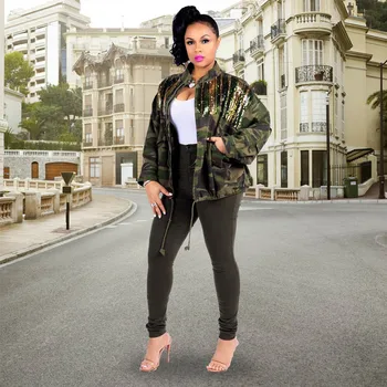 

Women's Green Camouflage Long Sleeve Coat with Sparkle Glam Striped Sequins Sequined Patchwork Zipper Loose Jacket Autumn Winter