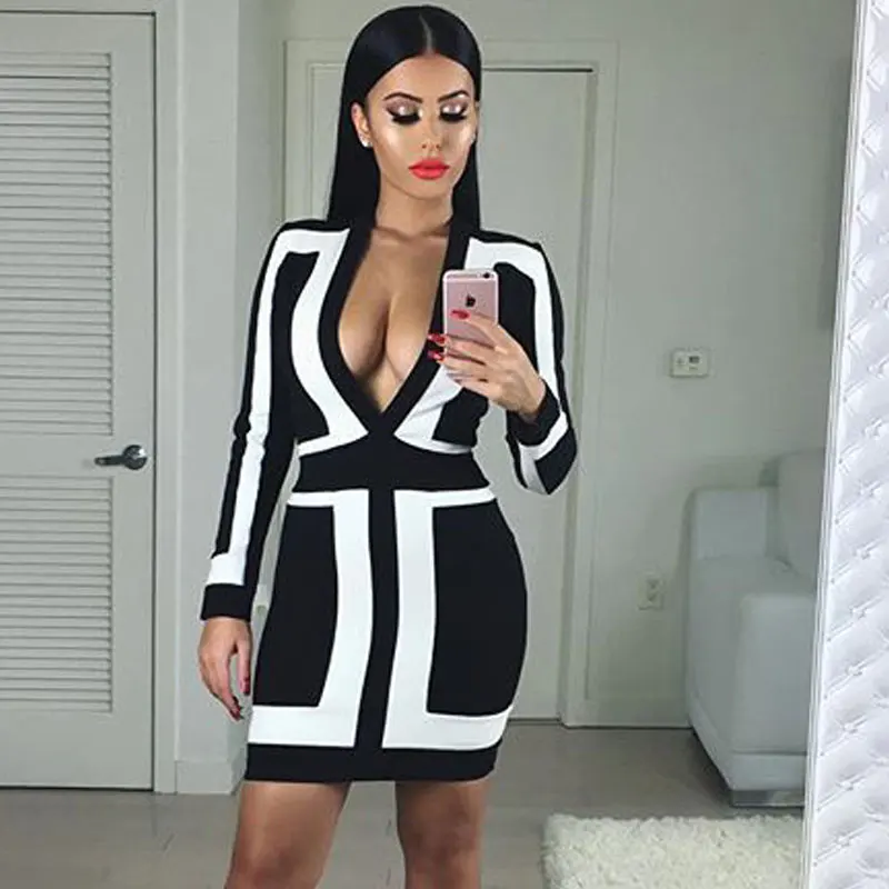 

Black And White Deep V Neck Rayon Autumn Winter Long Sleeve Sexy Women 2016 New Arrival Bodycon Bandage Party Dress