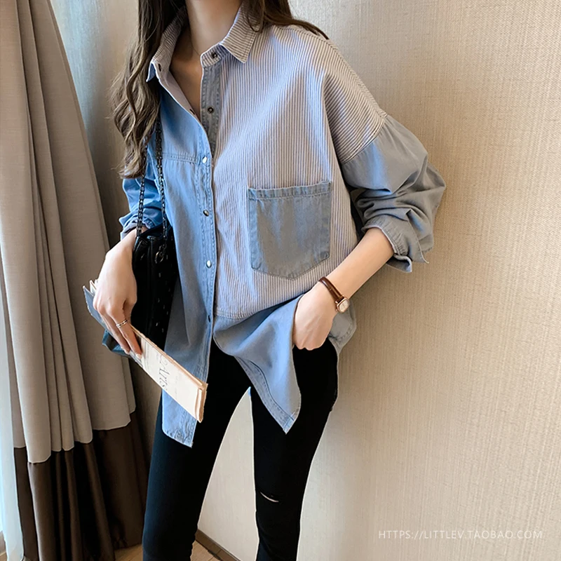 

2019 Spring Autumn Cowboy Long Sleeve Shirts BF Wind Casual Shirts Stitching Color Loose Shirts Striped Batwing Sleeve