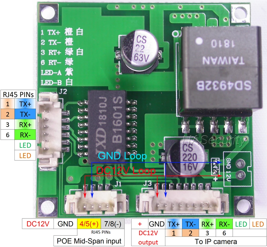 POE сплиттер питания через Ethernet Регулятор модуль Плата вход DC48V/выход DC12V 2A конец-Span+ Средний Span сплиттер IEEE802.3af