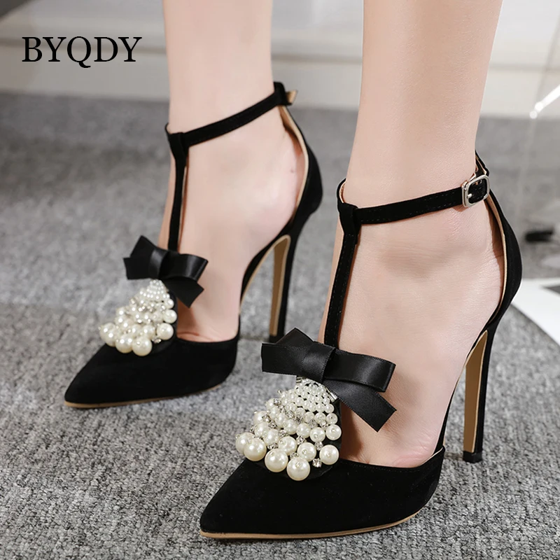 

BYQDY Summer New Pointed Pearl Shallow Mouth Ladies Stiletto T-Strap Sandals Sexy Banquet Cover Heels Black Shoes Size 35-40