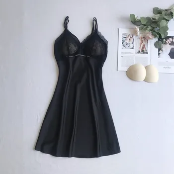 

Black Summer Women Vintage Nightgown Robe Lace Collar Sexy Sleepwear Home Dressing Mini Lounge Novelty Nightwear Spaghetti Strap