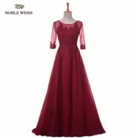 NOBLE WEISS Elegant O - Neck A - Line กวาดรถไฟลูกไม้ชุดราตรีราคาถูก Prom Dresses Robe De Soiree ชุดเดรสครึ่งแขน