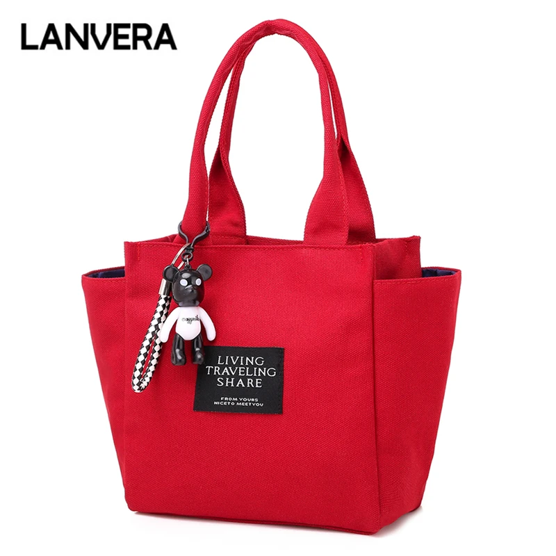 

LANVERA brand women solid casual totes bear pendant canvas handbag hotsale ladies party shopping purse messenger shoulder bags