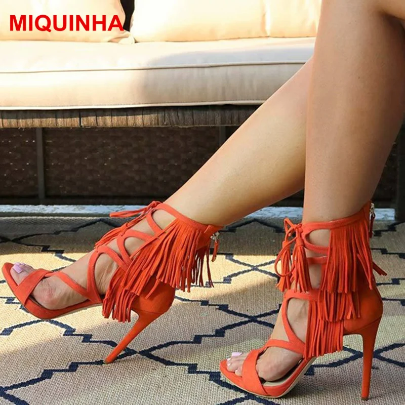 

MIQUINHA Peep Toe Zapatos Mujer Sexy Thin Super High Heel Mujer Sandalia Fringe Embellished Women Sandals Butterfly Knot Shoes