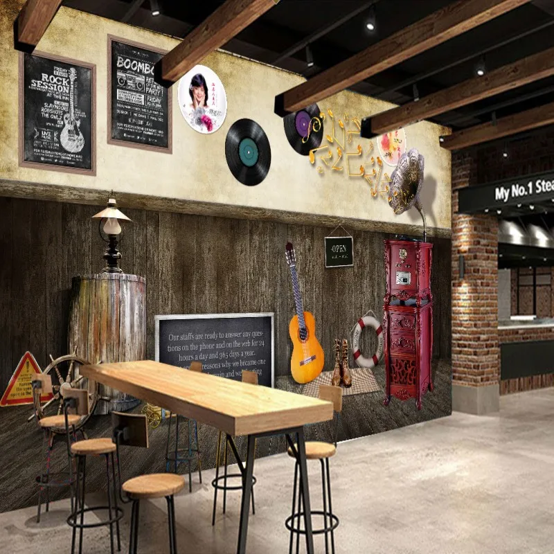 Us 1146 30 Di Scontocarta Da Parati 3d Retrò Nostalgico Strumento Musicale Star Immagine Nero Vintage Sfondo Della Parete Ristorante Studio Murale