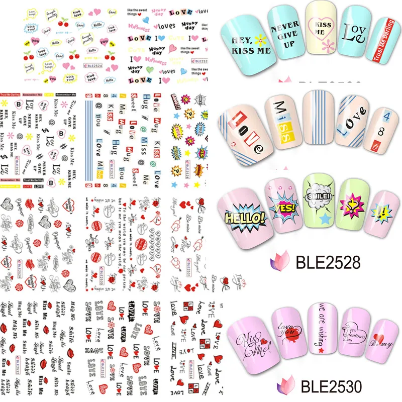 

1set 11designs Sweet Heart Love Valentine Nail Art Sticker Letter Watermark Nail Decals Manicure Decor Tool SABLE2524-BLE2534