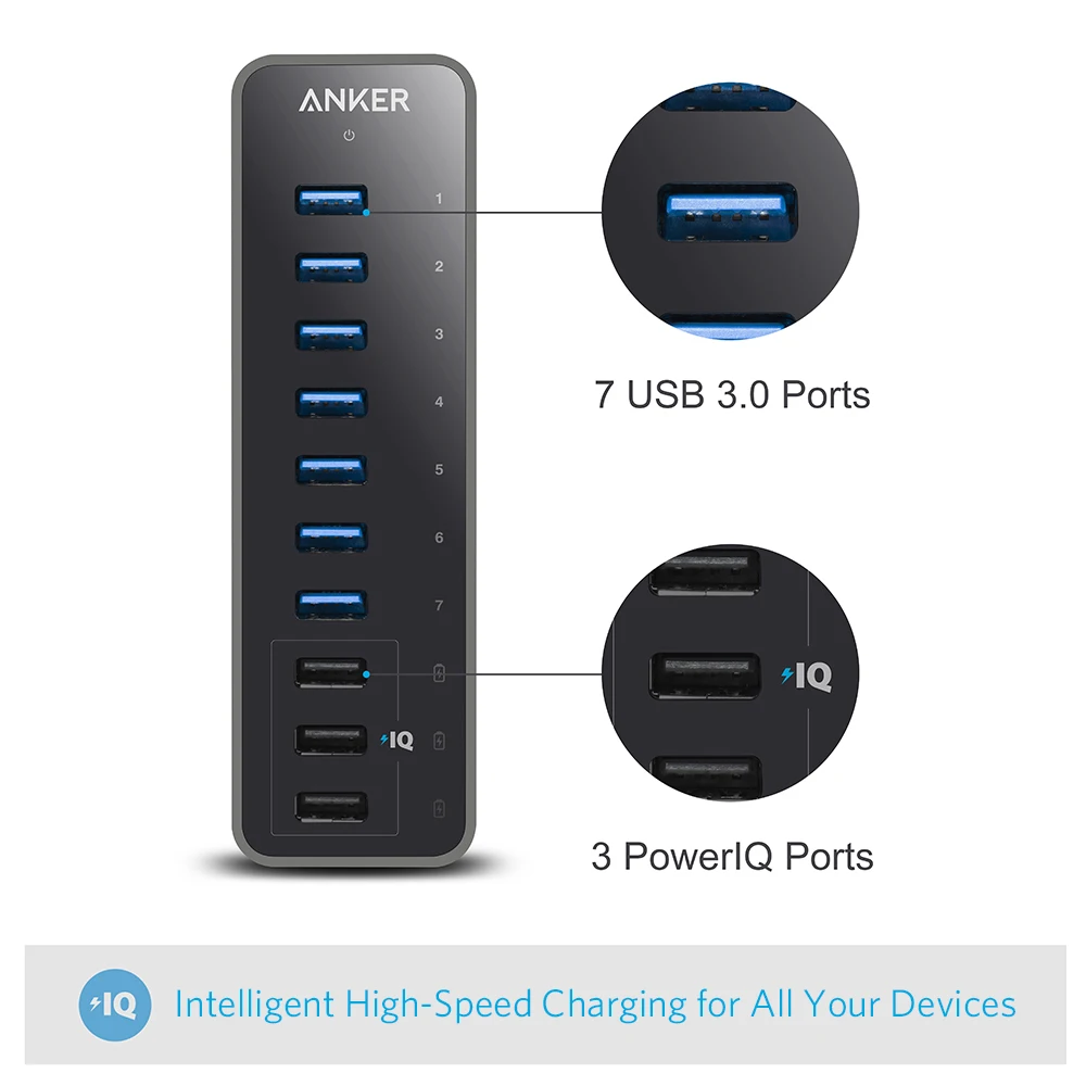  Hub de datos Anker 10 puertos 60W con 7 puertos USB 30 y 3 puertos de carga powereriq para MacBook 