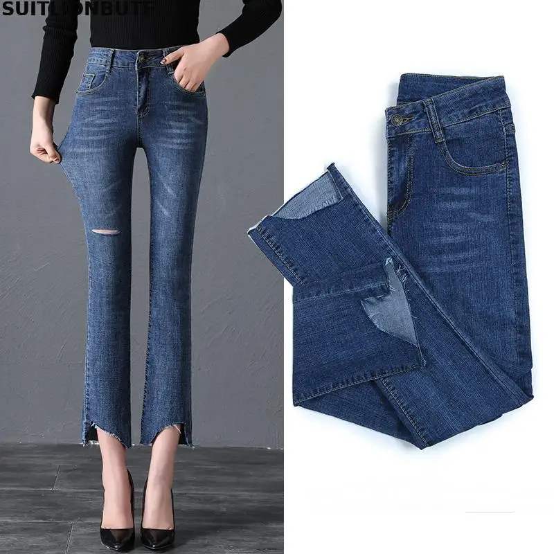 2019 джинсы с высокой талией, большие размеры, женские узкие джинсы, женские Стрейчевые расклешенные джинсы, женские джинсы с широкими