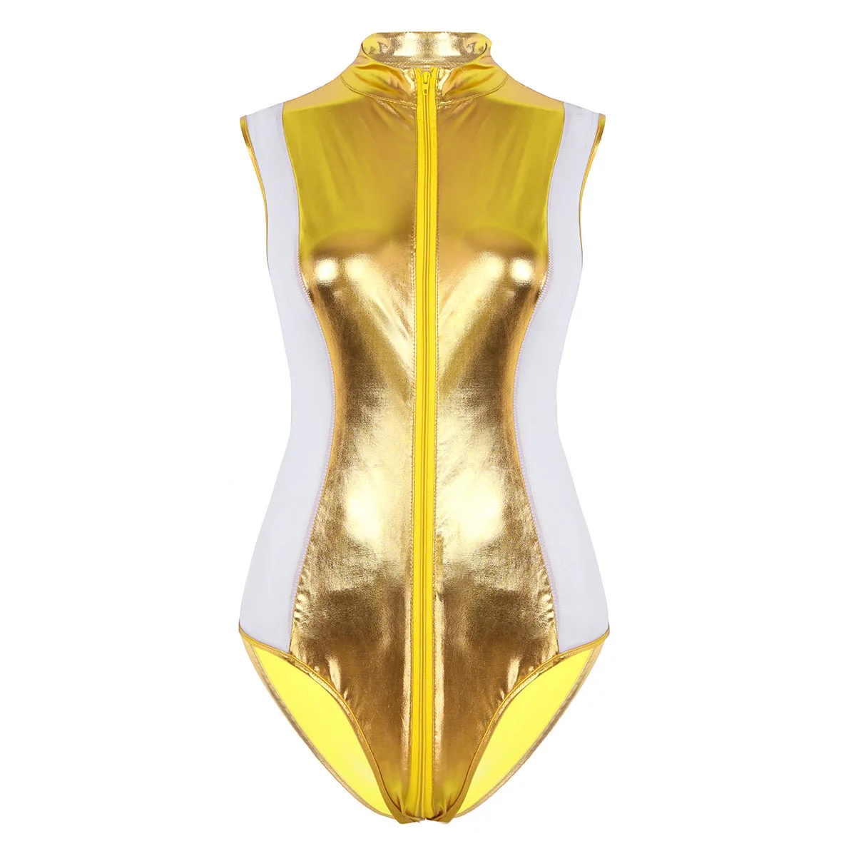 sexy bodysuit TiaoBug Women Metallic Patent Leather Sheer Mesh Splice Zipper Leotard Nightclub Party Rave Sexy Bodysuit Performance Costume orange bodysuit