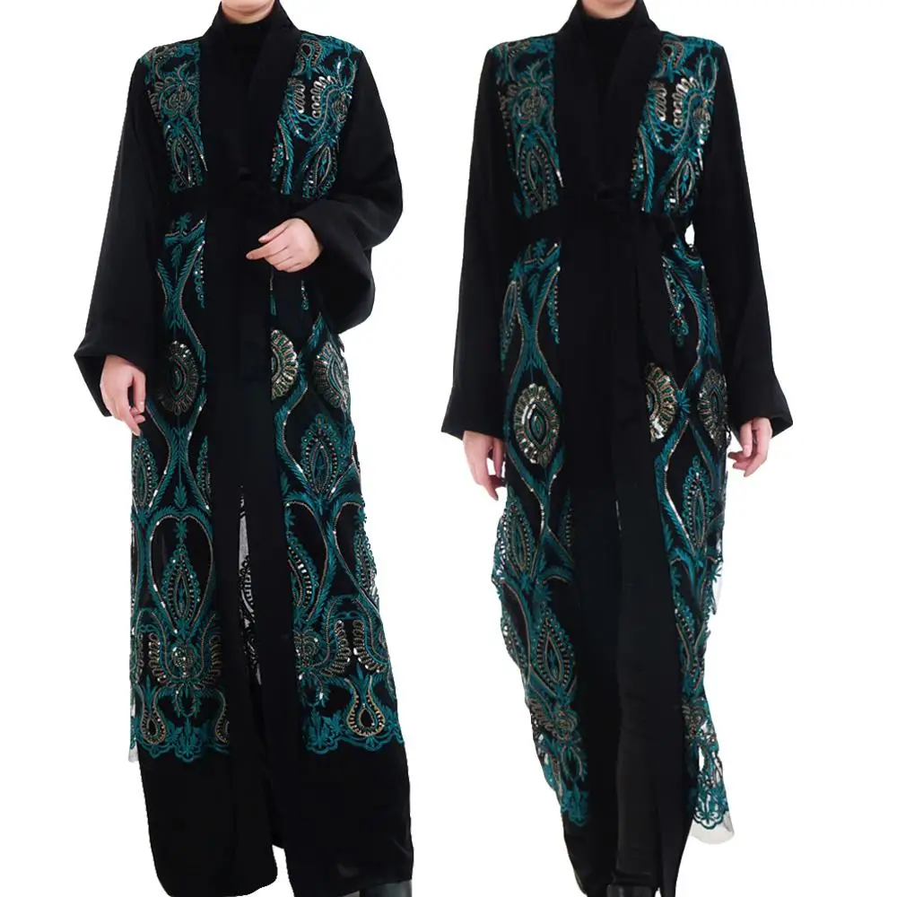Роскошных мусульманский блестки Абаи вышивка, Макси-Платье Кардиган Туника кимоно длинный халат Jubah Ближний Восток Рамадан арабских Исламская, молитвенная