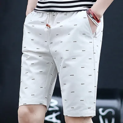 Summer Casual Men's Short Pants Cotton Elastic Waist Printing Trousers - Цвет: White