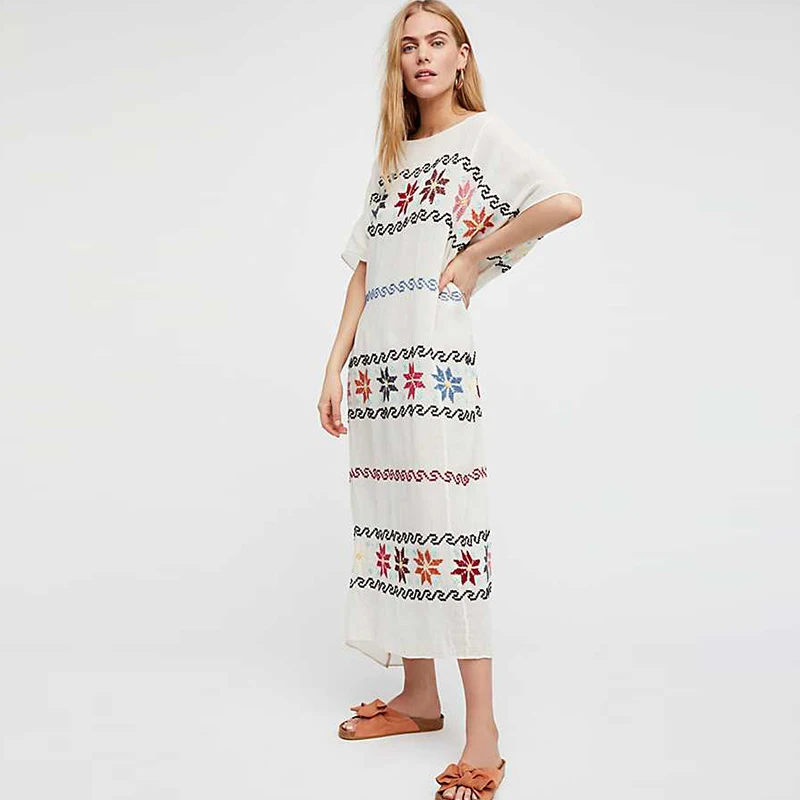 

BOHOFREE Puebla Kaftan Bohemian Floral Embroidery Dress Short Sleeve Loose Beach Vestidos Femmes Casual Spring Summer Dresses