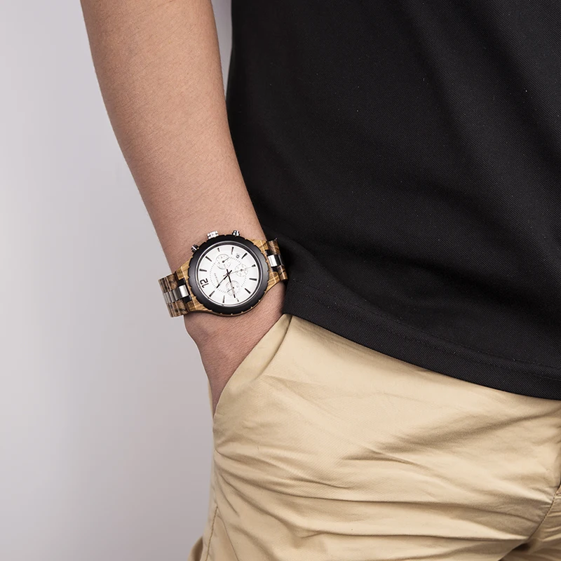 Stopwatch in Sport Watches Men BOBO BIRD Wooden Male saat erkek Metal and Wood Wristwatch With Date Clock Gift In Wood Box