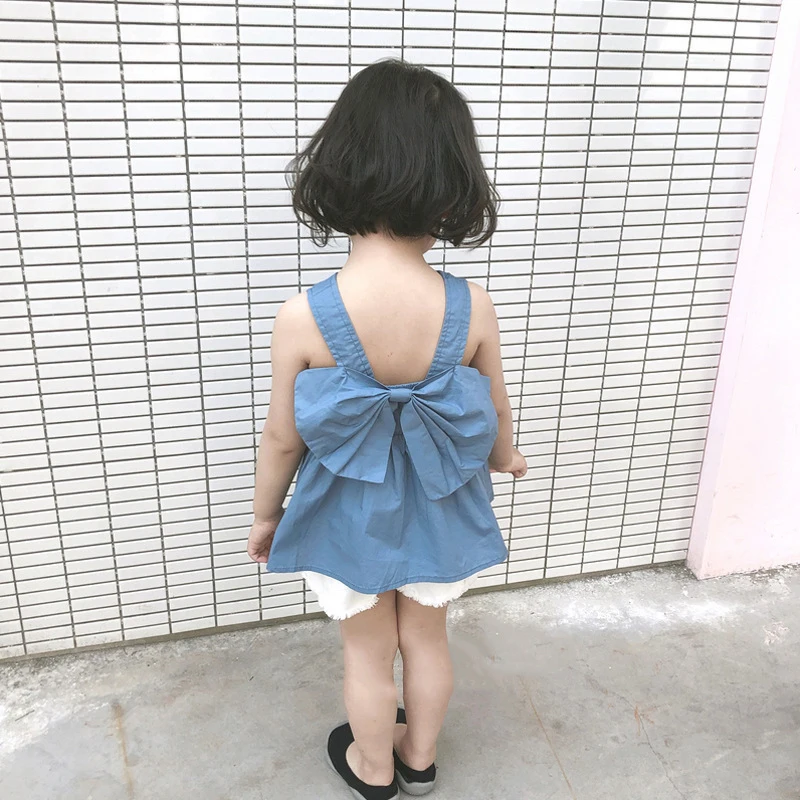 

Girls Shirts 2019 Summer New Children's Clothing Girls Solid Color Cute Bow Backless Vest T-Shirt