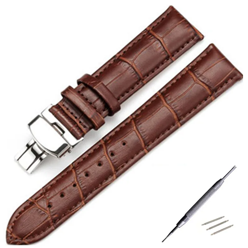 

19mm 20mm 21mm PRC200 T17 T41 T461 High Quality Silver Butterfly Buckle + Brown / Black Genuine Leather Watch Bands Strap