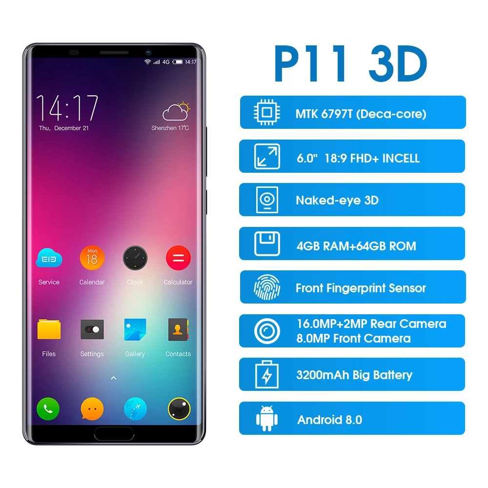 Elephone P11 3D 6,0 дюймов FHD+ Android 8,0 MTK6797T Deca Core смартфон 4 Гб 64 Гб 16 Мп+ 8 Мп 3200 мАч 4G мобильный телефон