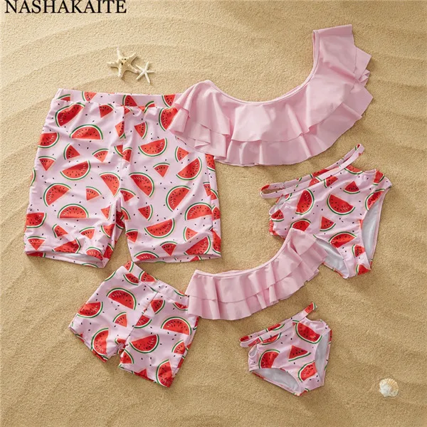 NASHAKAITE купальники для мамы и дочки, оранжевый комплект бикини с принтом арбуза, пляжный купальник «Мама и я», мужские пляжные шорты для мальчиков - Цвет: Watermelon