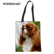 WHEREISART сумка женская Холщовая Сумка для покупок, большая вместительность король Шарль спаниель узор милые животные Новое поступление Мода
