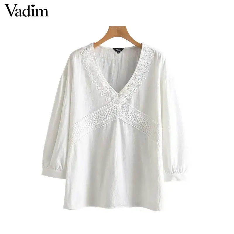 

Vadim women lace patchwork blouse sexy V neck three quarter length sleeve sweet shirt casual female stylish tops blusas LB127
