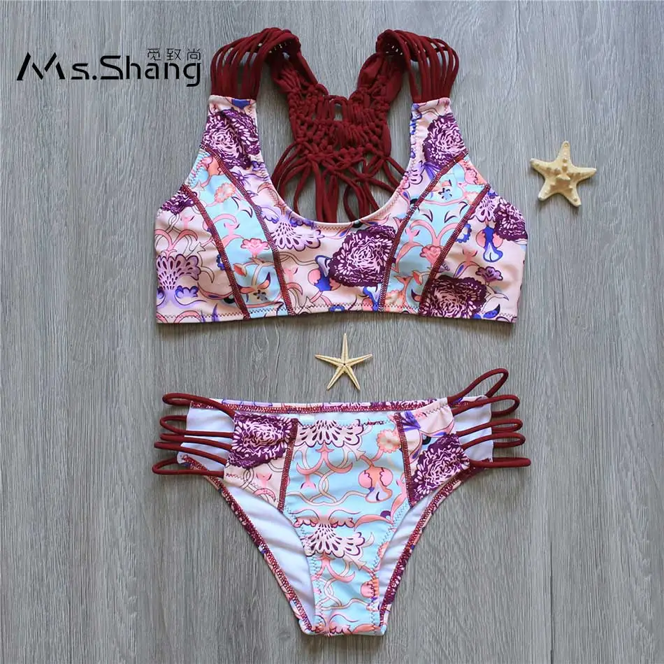 

Ms Shang Handmade Knitted Sexy Brazilian Bikinis 2017 Women Swimsuit Red Print Brazilian Bikini Set Swimwear Female Bathing Suit