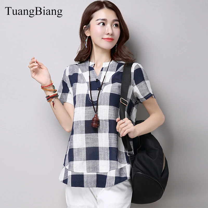 

Ladies 2019 Summer Autumn stripe Cotton Shirts Women V Neck Short Sleeve Plaid Blouse female Navy Loose Casual Plus Size Tops