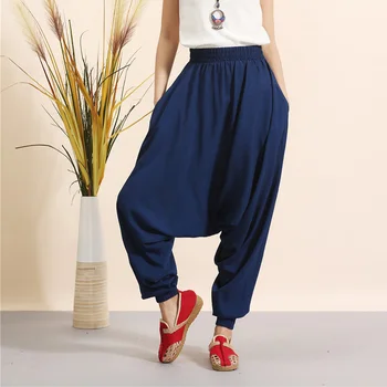 

2016 New Fashion Women Linen Haren All-Match Loose Pantalon Palazzo Pants Drop Crotch Pants Hip Hop Pants Candy Colored