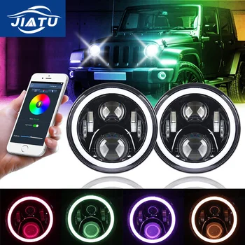 

7inch 60W H4 LED Headlight bulbs with Bluetooth Remote Function for Wrangler LED Driving Lights with RGB Halo Angel Eye JK CJ LJ