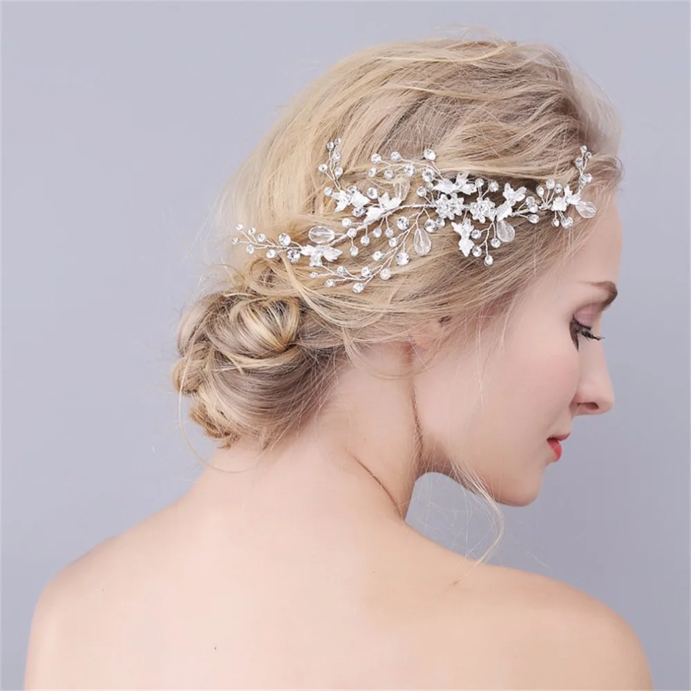 YAZILINED Fashion Elegant Long Flower Wedding Hair Comb Silver Clear