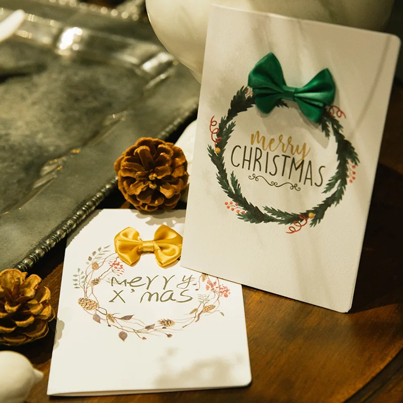 1pc Merry Christmas Silk bow-knot Happy new year greeting card no envelope cute friends Inviting party decoration Supplies | Канцтовары