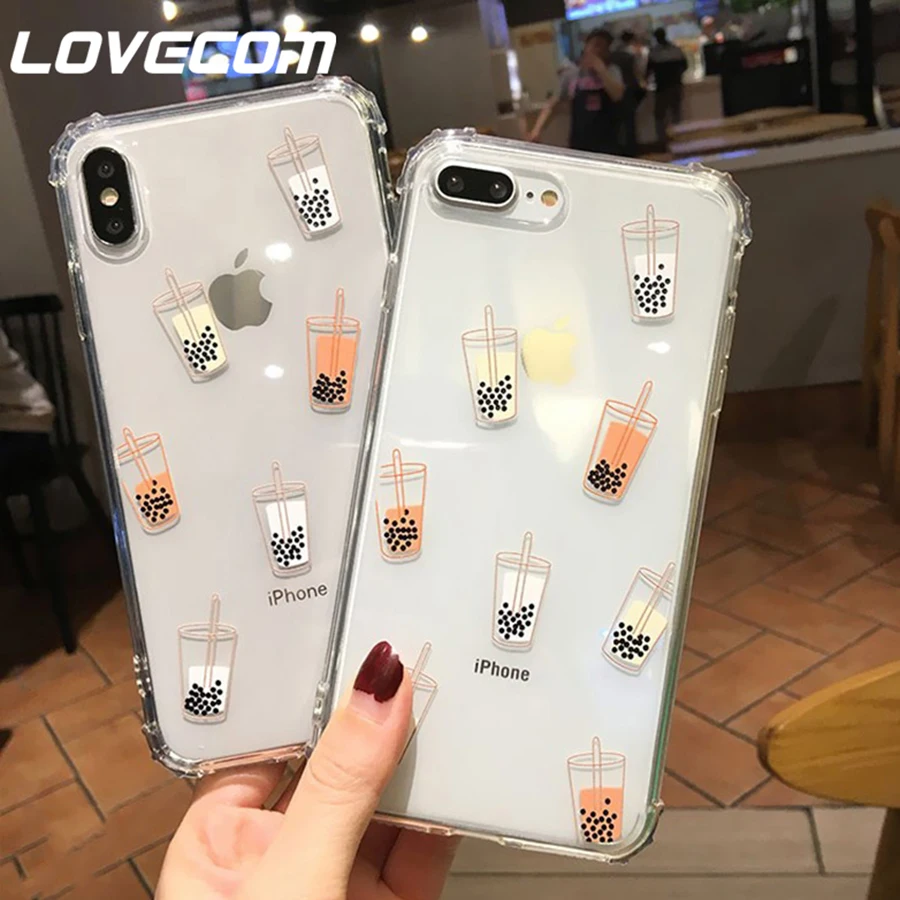 

LOVECOM Pearl Milk Tea Transparent Shockproof Phone Case For iPhone XR XS Max XS X 7 8 6S Plus Case Corners Protect Phone Cover