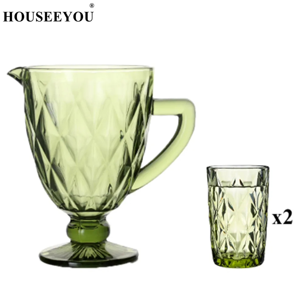 Green Diamond HOUSEEYOU 1 шт. кувшин для холодной воды+ 2 шт. резная стеклянная чашка Европейский ретро хрустальный дизайн стаканчик для воды и вина для питья Бар Ресторан инструменты - Цвет: Green Diamond