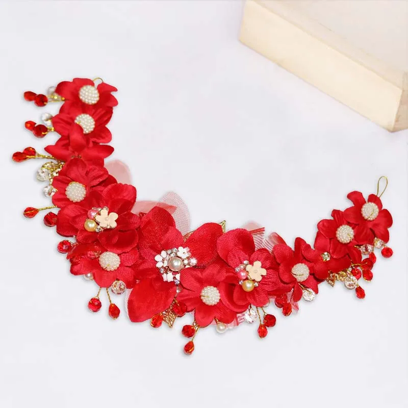 Chinese Red Flower Crystal Plum Handmade Women Girl Hairband Tiaras