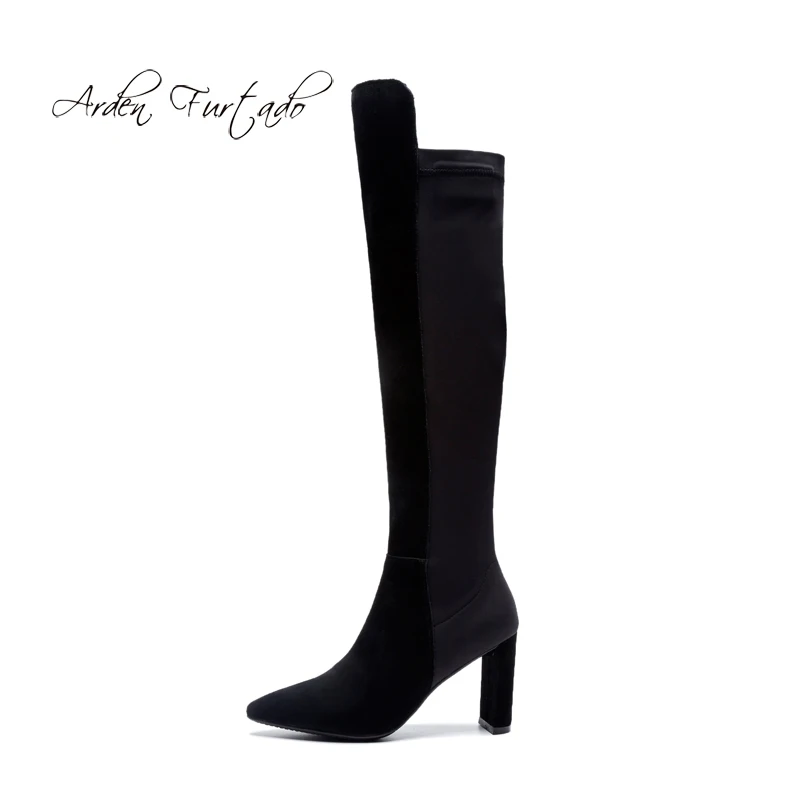 

Arden Furtado 2018 autumn winter chunky heels 8cm boots ladies slip on pointed toe stretch boots knee high boots big size 40 41