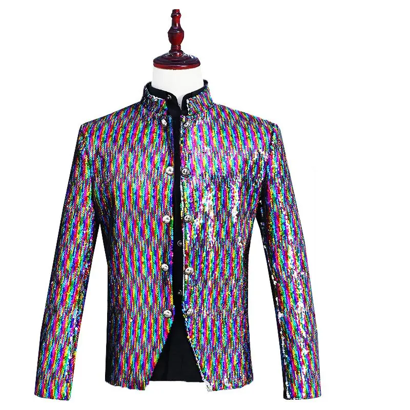 

2018 Men's Stand Collar Multicolor Sequins Jacket Nightclub DJ Singer Chinese tunic suit Coat Costumes For Party