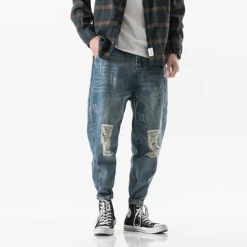 

New Jeans Men Fashion Washed Solid Color Casual Torn Holes Denim Pants Man Streetwear Hip Hop Loose Comfortable Trousers Male