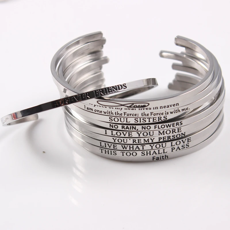 

Silver Custom Stainless Steel Engraved Message Bracelet Personalized Positive Inspirational Letter Bracelet & Bangle For Women