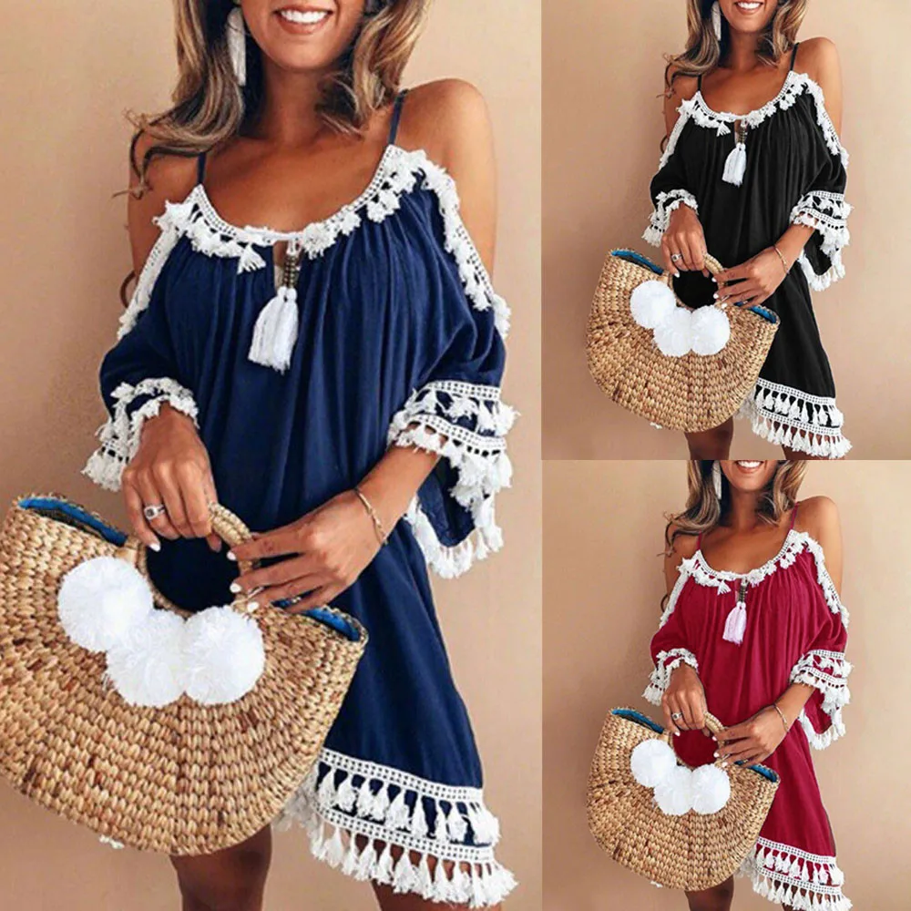 

8 Colors Women Sexy Strap Casual Solid Off Shoulder Dress Tassel Short Cocktail Party Beach Dress Summmer Leisure Sundress 2019