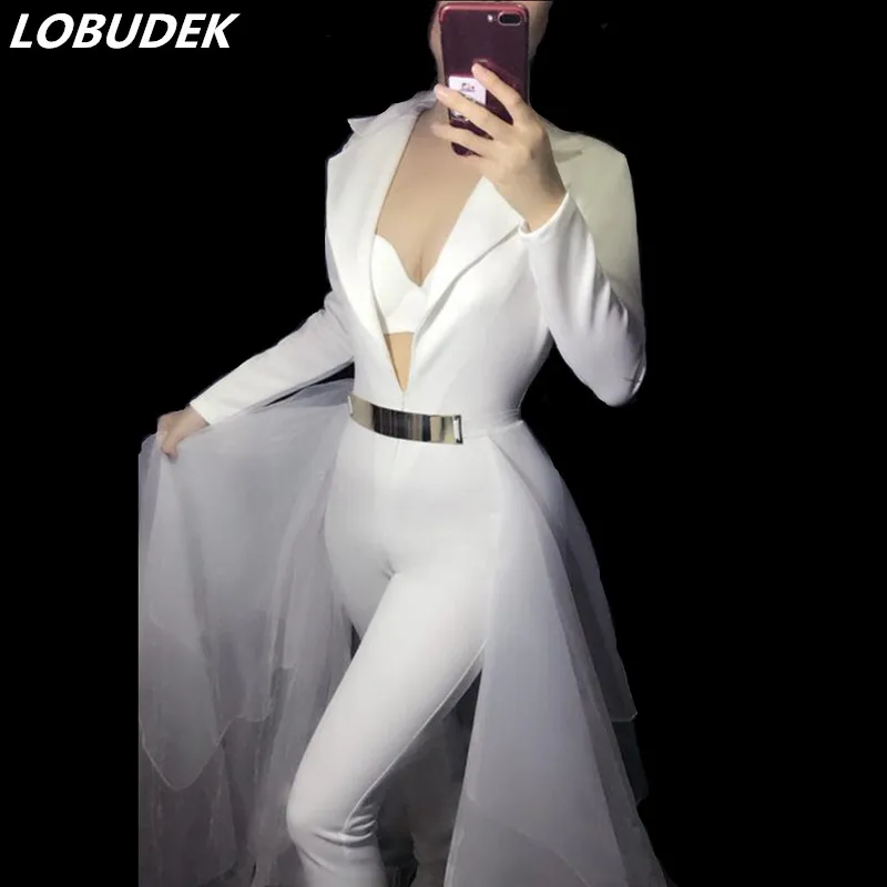 

Nightclub Prom Costume Female singer dancer Jazz DJ DS performance Jumpsuit Bar Party show stage outfit white sexy slim rompers