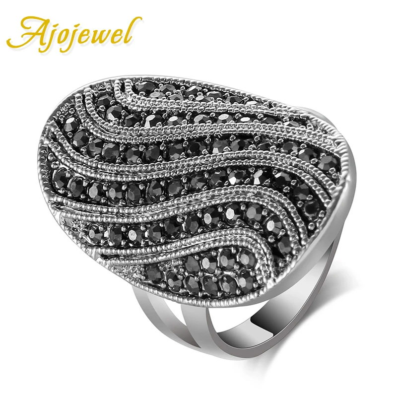 Ajojewel size 7-9 Aneis Unique Designer Pave CZ Vintage Black Ring Women Brand Fashion Jewelry