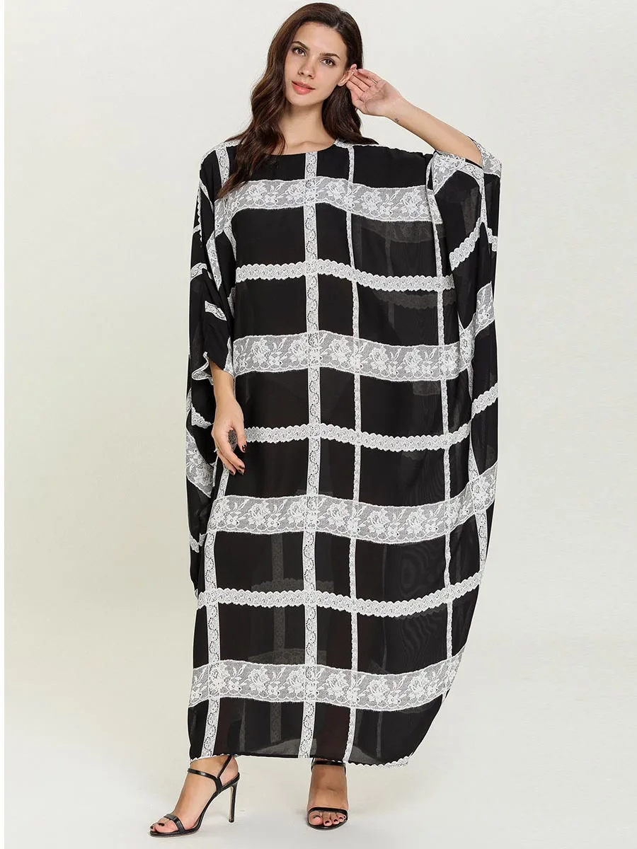 Loose Women Muslim Abaya Batwing Sleeve Lace Patchwork Plaid Dress Islamic Kaftan Fashion Evening Dubai UAE Robe Gown VKDR1695